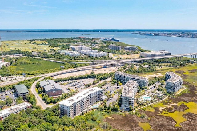 bird's eye view with a water view and a view of city