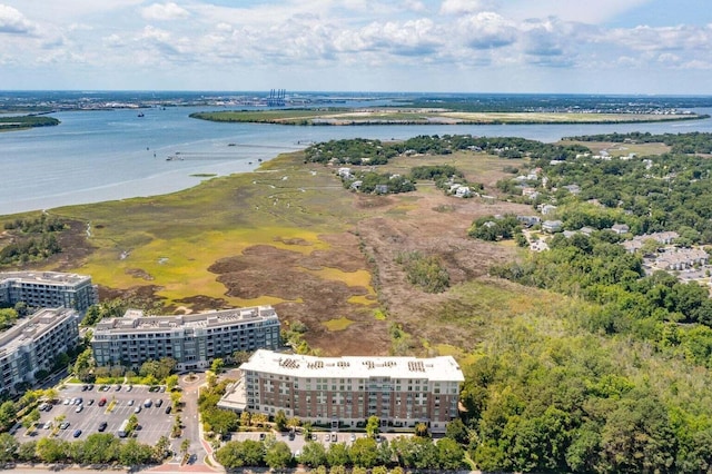 aerial view featuring a water view and a view of city