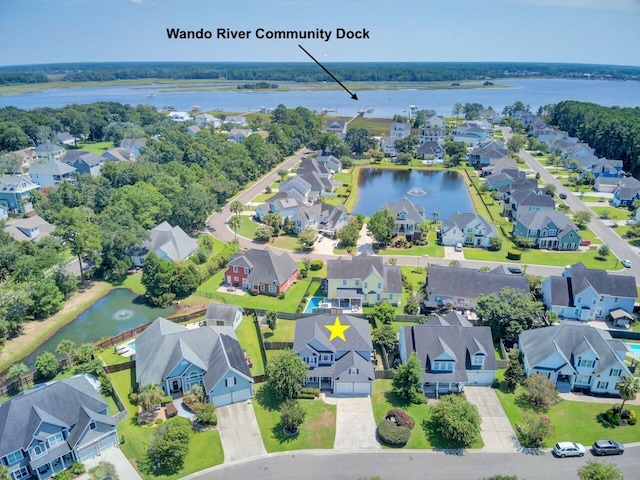 aerial view featuring a water view