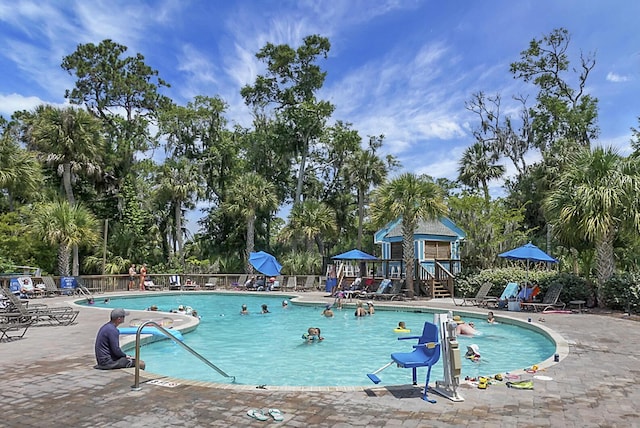 view of pool featuring a patio area and fence