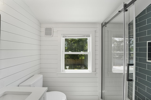 bathroom with vanity, a stall shower, and toilet