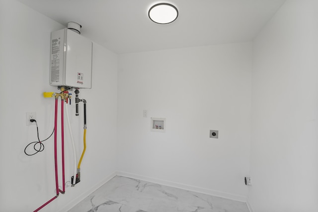 clothes washing area with laundry area, marble finish floor, baseboards, washer hookup, and tankless water heater