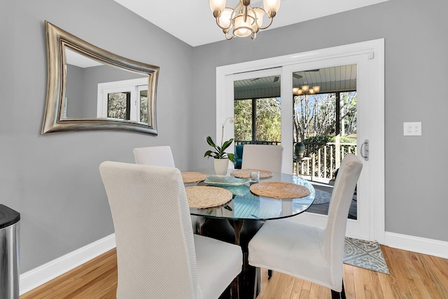 dining area featuring wood-type flooring and a chandelier