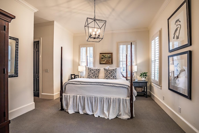 bedroom with dark colored carpet, an inviting chandelier, and ornamental molding