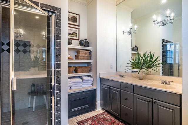 bathroom with vanity, tile patterned floors, an enclosed shower, and ornamental molding