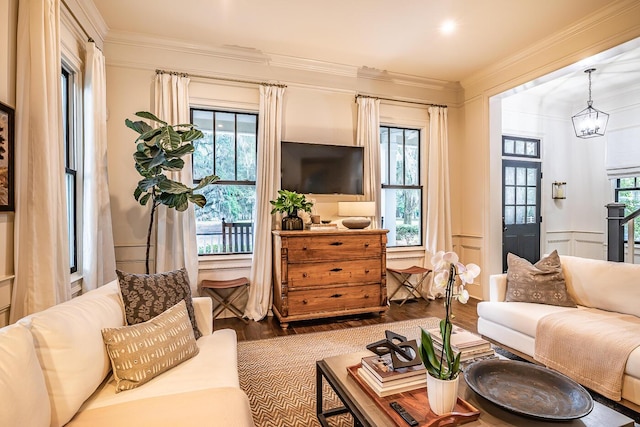 living room with a notable chandelier, dark hardwood / wood-style flooring, and crown molding