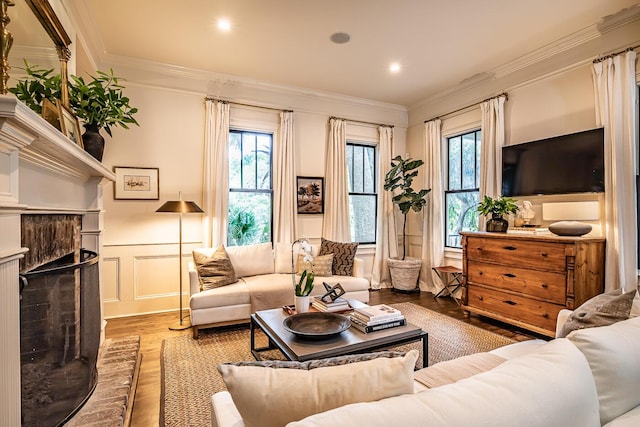 living room with crown molding, a fireplace, and hardwood / wood-style flooring