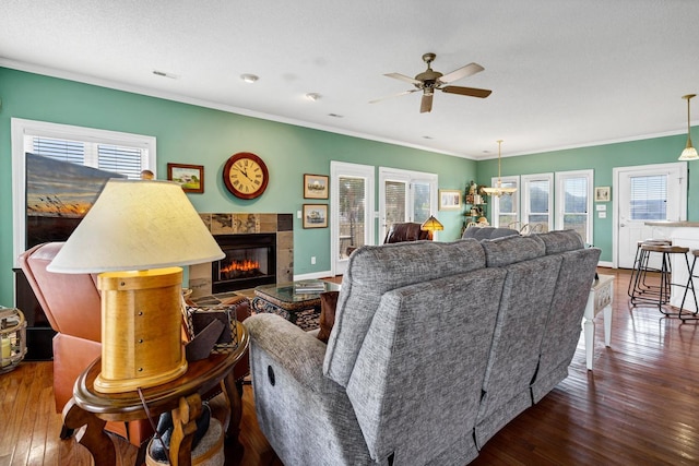 living room featuring dark hardwood / wood-style flooring, plenty of natural light, and ornamental molding