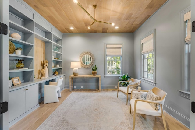 living area featuring wooden ceiling and light hardwood / wood-style floors