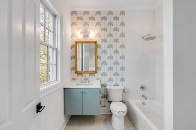 full bathroom featuring bathtub / shower combination, vanity, and toilet