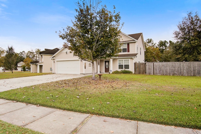 obstructed view of property with a garage and a front lawn