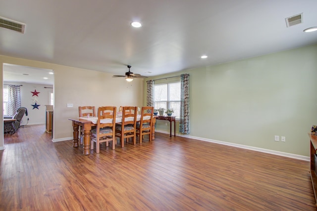 174 Education Blvd, Ladson, SC 29456 - dining space featuring baseboards, ceiling fan, wood finished floors, and visible vents