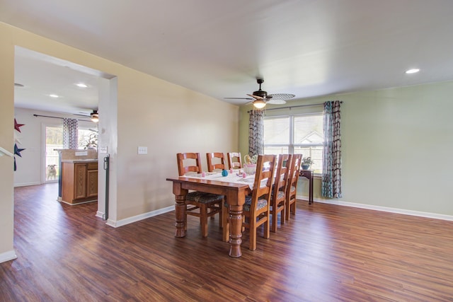 174 Education Blvd, Ladson, SC 29456 - dining space featuring dark wood-style flooring, ceiling fan, recessed lighting, and baseboards