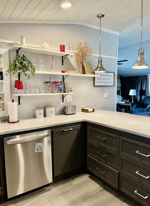 kitchen with light countertops, dishwasher, wooden ceiling, light wood-type flooring, and hanging light fixtures