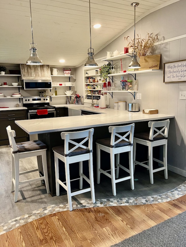 kitchen featuring appliances with stainless steel finishes, open shelves, wood finished floors, and hanging light fixtures