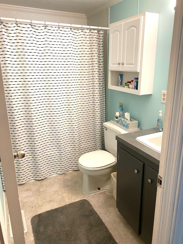 full bathroom with vanity, curtained shower, toilet, ornamental molding, and tile patterned flooring