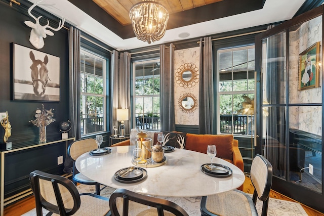 dining space with wood ceiling, a raised ceiling, a chandelier, and wood-type flooring