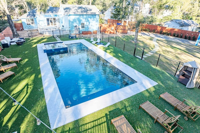 view of pool featuring a fenced backyard, a fenced in pool, and a yard