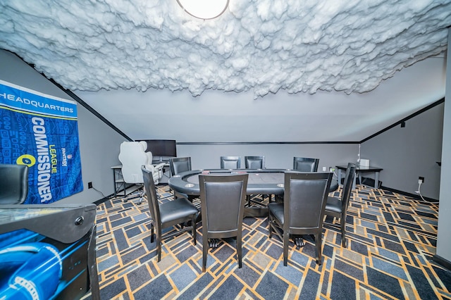 interior space featuring vaulted ceiling and carpet floors