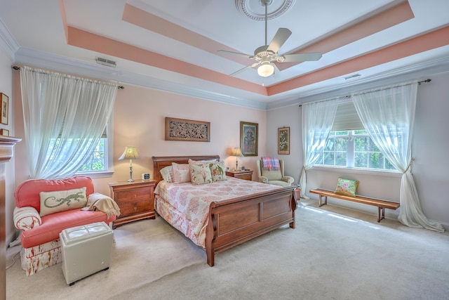 bedroom featuring crown molding, carpet, and a raised ceiling