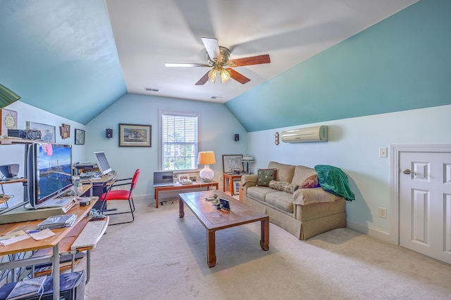 living room featuring visible vents, carpet, ceiling fan, and vaulted ceiling