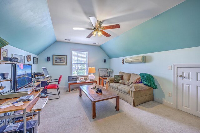 living room featuring visible vents, carpet, ceiling fan, and vaulted ceiling