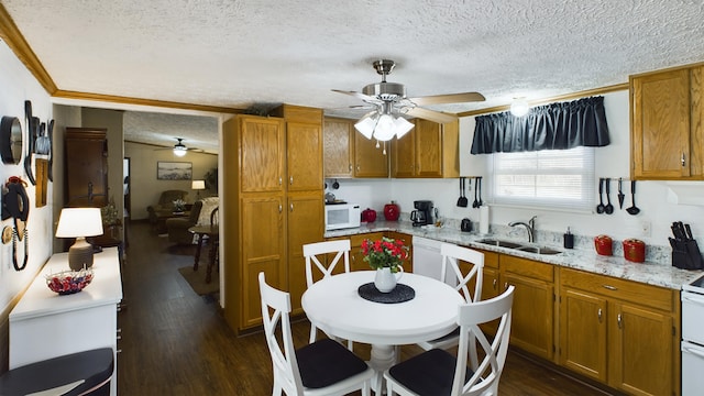 kitchen with sink, white appliances, crown molding, a textured ceiling, and dark hardwood / wood-style flooring