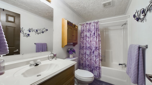 full bathroom with shower / bathtub combination with curtain, vanity, toilet, and a textured ceiling