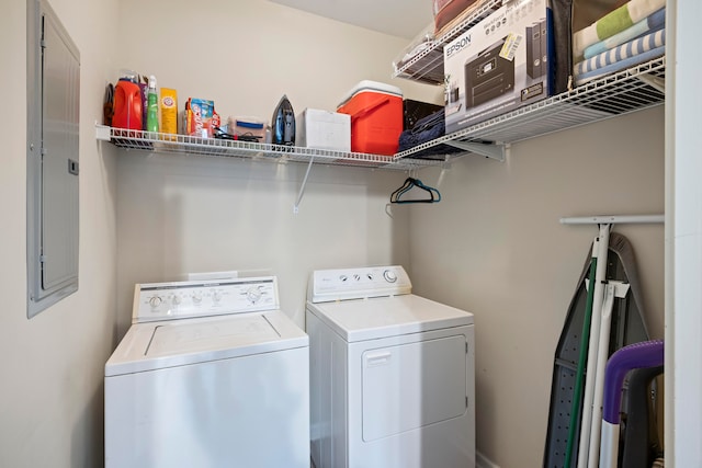 laundry area with electric panel and washer and dryer