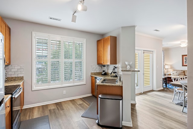 kitchen with light hardwood / wood-style flooring, sink, backsplash, and stainless steel electric stove