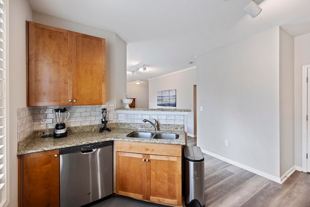 kitchen featuring dark wood-type flooring, sink, tasteful backsplash, light stone counters, and stainless steel dishwasher