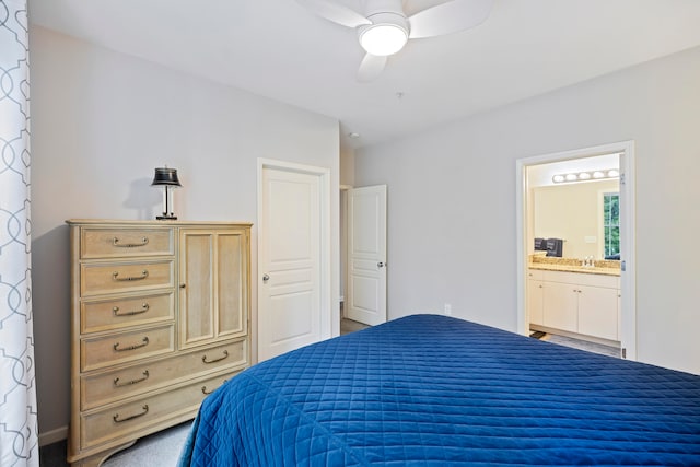 bedroom with sink, ceiling fan, and ensuite bathroom