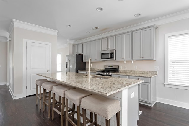 kitchen with gray cabinets, appliances with stainless steel finishes, sink, and a center island with sink