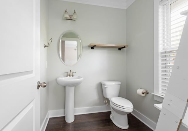 bathroom featuring hardwood / wood-style flooring, ornamental molding, and toilet