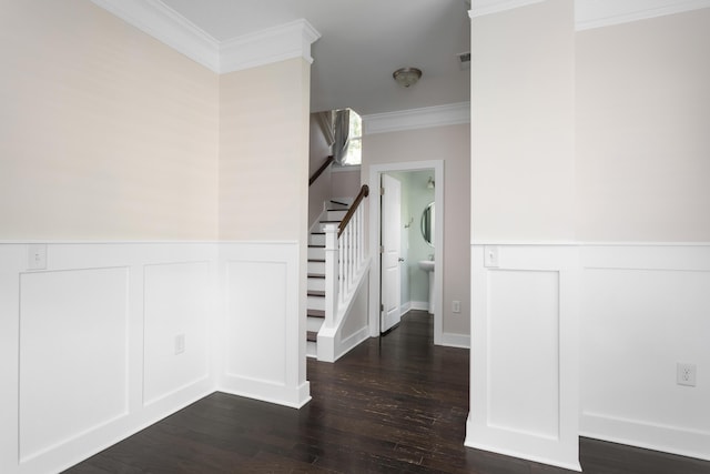 hallway featuring crown molding and dark hardwood / wood-style flooring