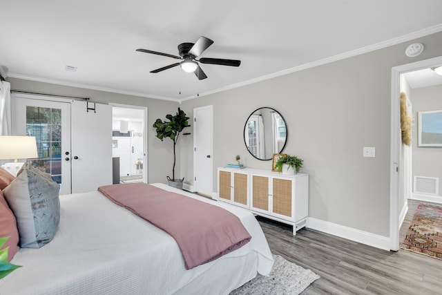 bedroom featuring hardwood / wood-style flooring, ceiling fan, access to exterior, and crown molding