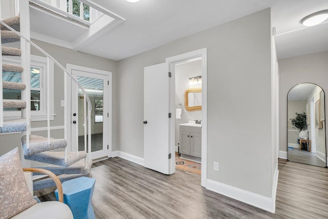 sitting room with wood-type flooring, a skylight, and sink