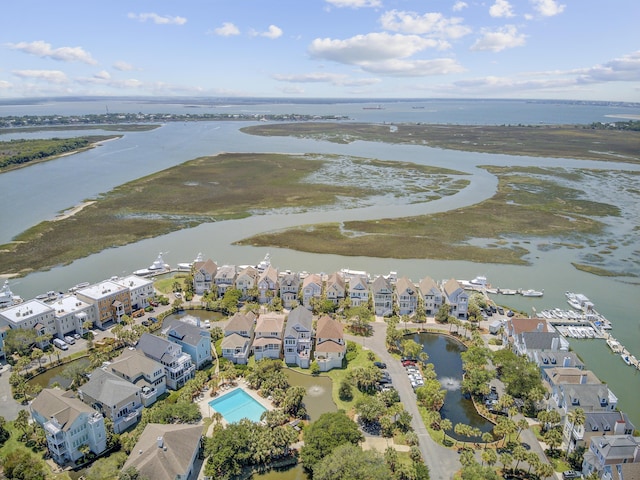 1647 Marsh Harbor Ln, Mount Pleasant, SC 29464 - aerial overview of property's location with a large body of water, nearby suburban area, and a pool area