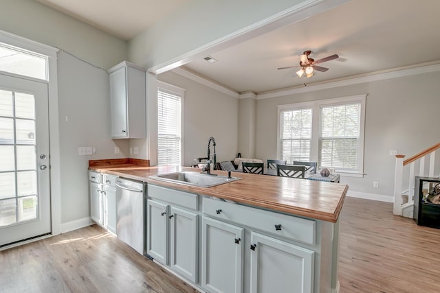 kitchen featuring wood counters, sink, stainless steel dishwasher, light hardwood / wood-style floors, and white cabinetry