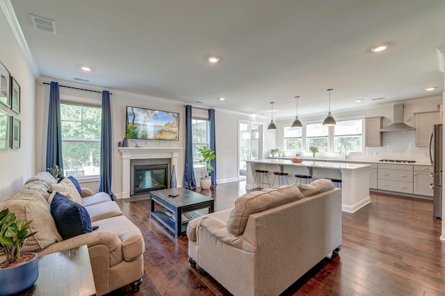 living area featuring ornamental molding, dark wood-style floors, a premium fireplace, recessed lighting, and baseboards