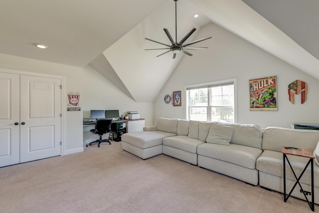 carpeted living area with a desk, ceiling fan, vaulted ceiling, and recessed lighting