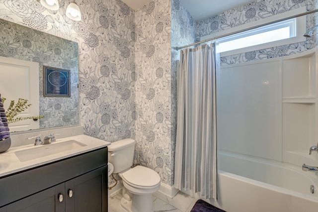 bathroom featuring wallpapered walls, toilet, shower / tub combo with curtain, vanity, and marble look tiles