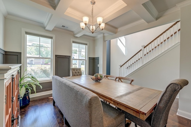 dining space with coffered ceiling, a chandelier, dark wood finished floors, beam ceiling, and ornamental molding