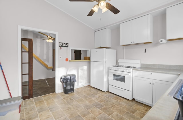 kitchen featuring white cabinetry, white appliances, vaulted ceiling, and ceiling fan