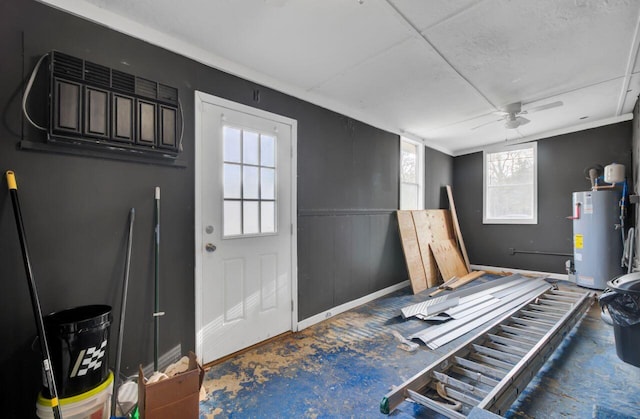 misc room featuring water heater and ceiling fan