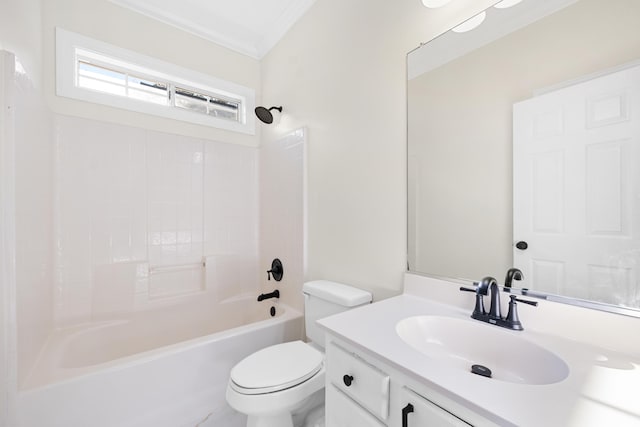 full bathroom featuring vanity, toilet, shower / bathtub combination, and ornamental molding