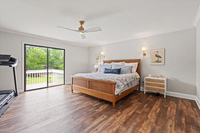 bedroom featuring access to exterior, crown molding, wood finished floors, baseboards, and ceiling fan