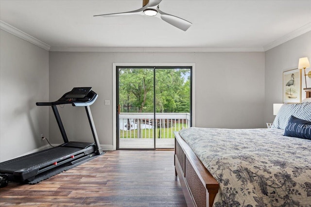 bedroom with access to outside, wood finished floors, ornamental molding, a ceiling fan, and baseboards