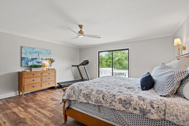 bedroom featuring access to exterior, wood finished floors, ornamental molding, ceiling fan, and baseboards
