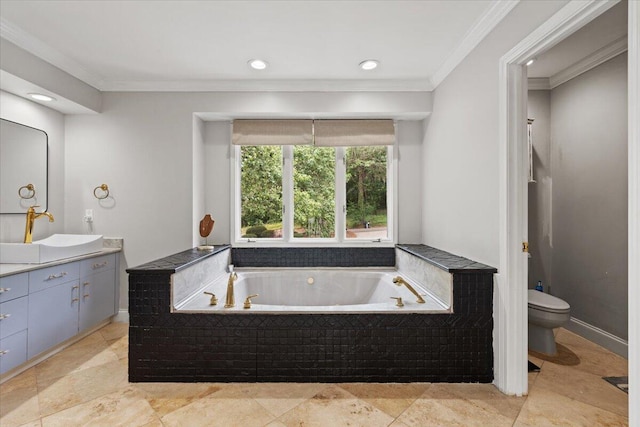 full bath featuring vanity, a garden tub, crown molding, toilet, and recessed lighting